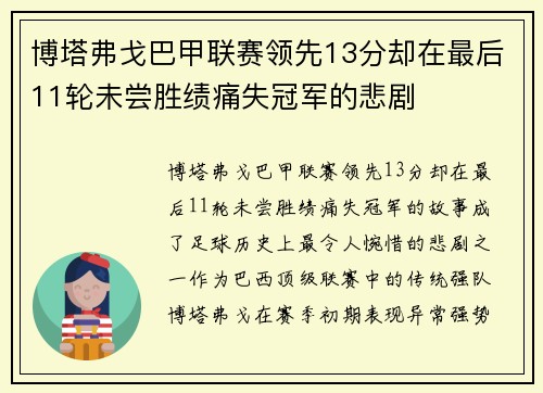 博塔弗戈巴甲联赛领先13分却在最后11轮未尝胜绩痛失冠军的悲剧