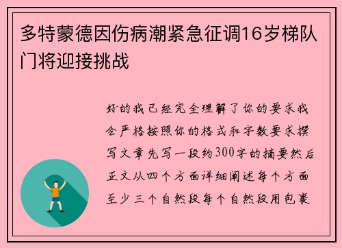 多特蒙德因伤病潮紧急征调16岁梯队门将迎接挑战