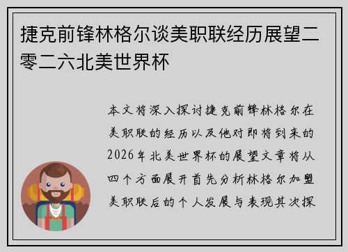 捷克前锋林格尔谈美职联经历展望二零二六北美世界杯