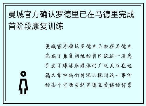 曼城官方确认罗德里已在马德里完成首阶段康复训练 曼城官方确认罗德里已在马德里完成首阶段康复训练