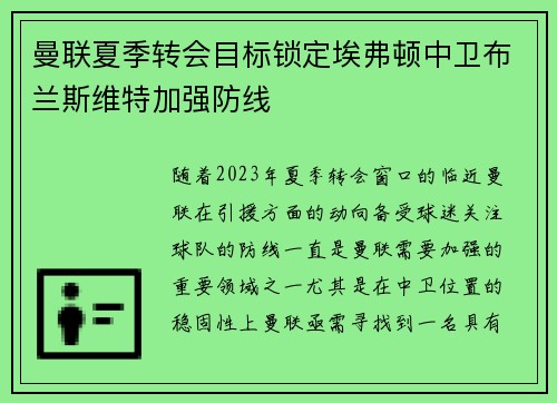 曼联夏季转会目标锁定埃弗顿中卫布兰斯维特加强防线